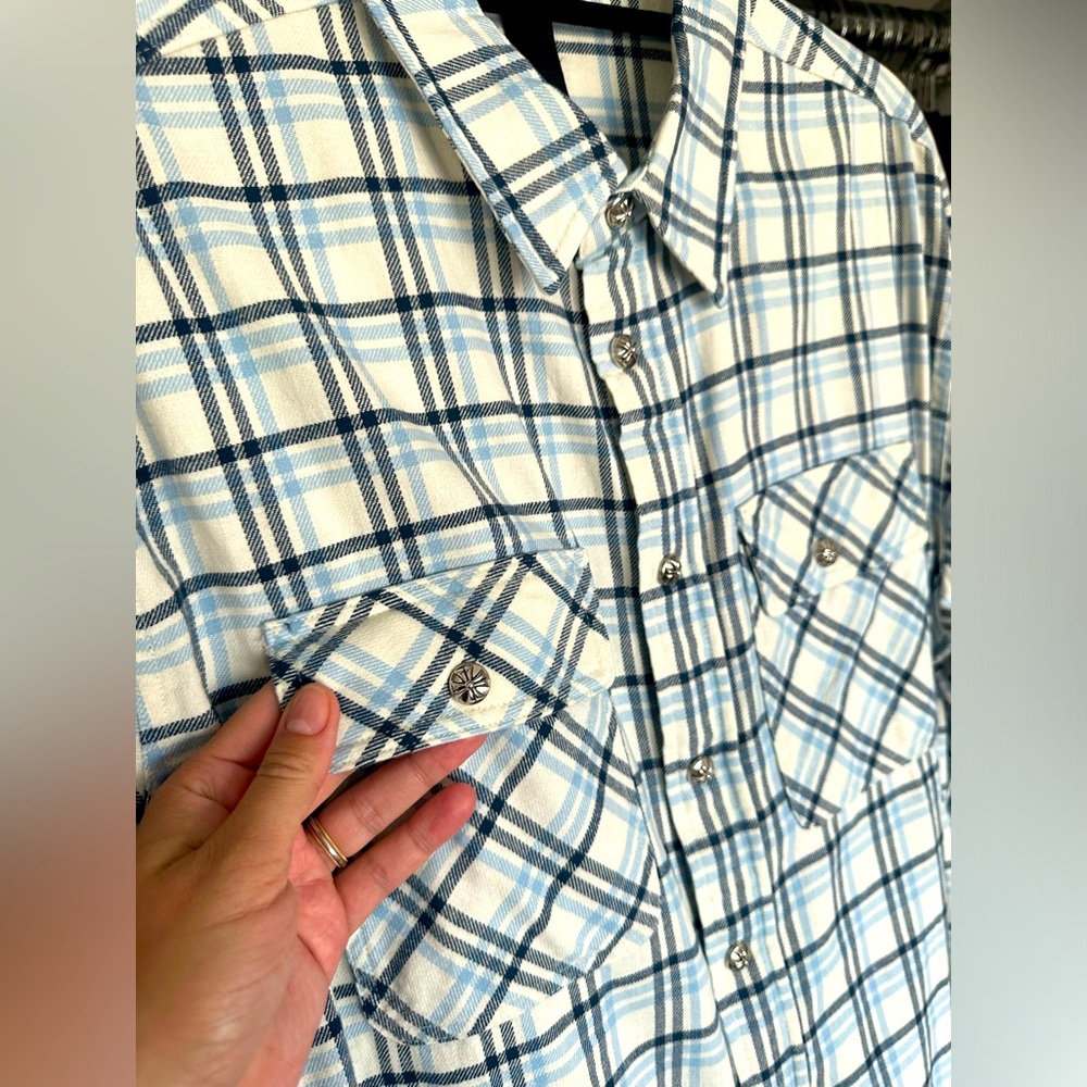 Chrome Hearts Flannel Plaid Shirt Unisex Size Medium Oversized Light Blue Navy - Picture 2 of 16